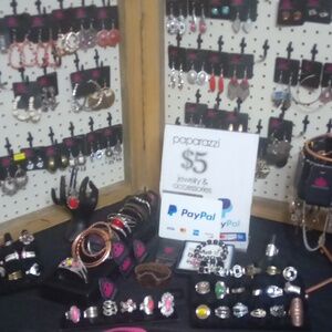 Earrings and bracelets and stretchy rings narrow bands and wide bands